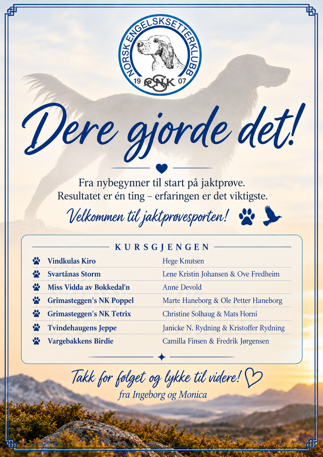 Kursdiplom med de sju hundene og deres førere